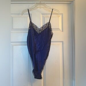 Vintage gold label Victoria's Secret Navy Satin Lace-Trim Chemise Bodysuit